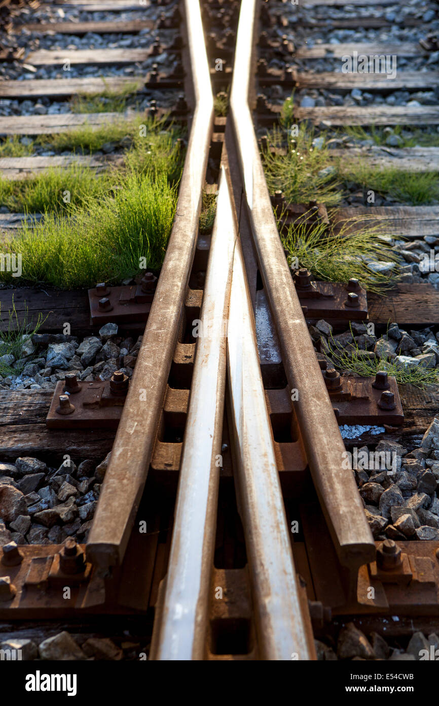 Gleisschalter, alte Eisenbahnpunkt-Holzscheren, Gleislinie Stockfoto