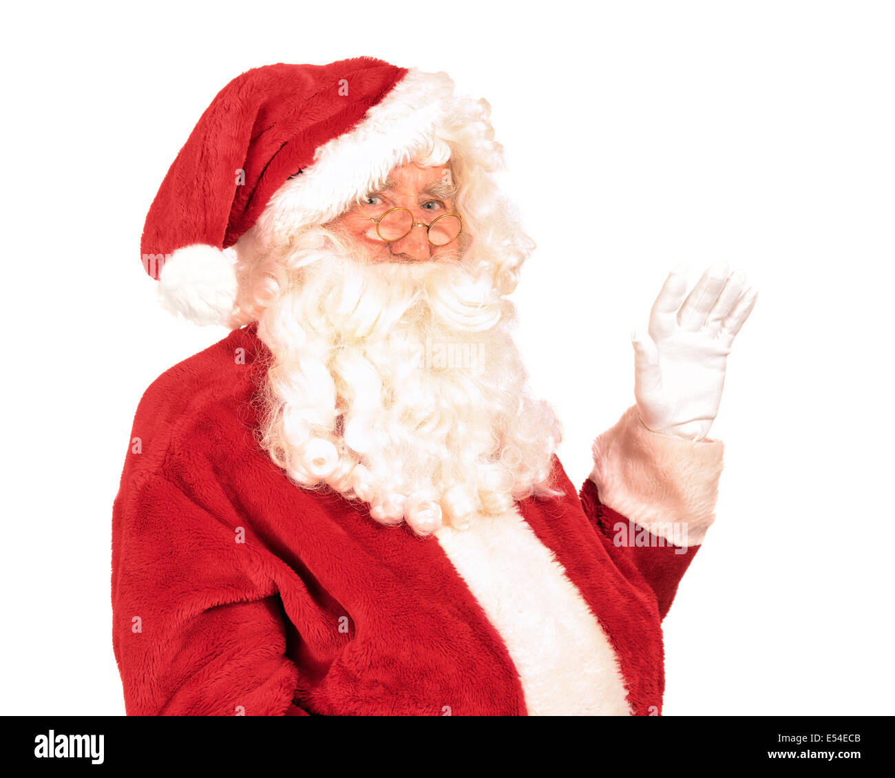 Nahaufnahme des Weihnachtsmanns schwenkte seine Hand isoliert auf weißem Hintergrund Stockfoto