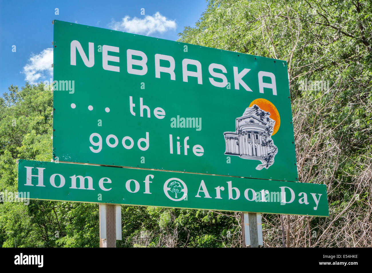 Nebraska, das gute Leben, Heimat der Arbor Day - am Straßenrand Willkommensschild an Staatsgrenze Stockfoto
