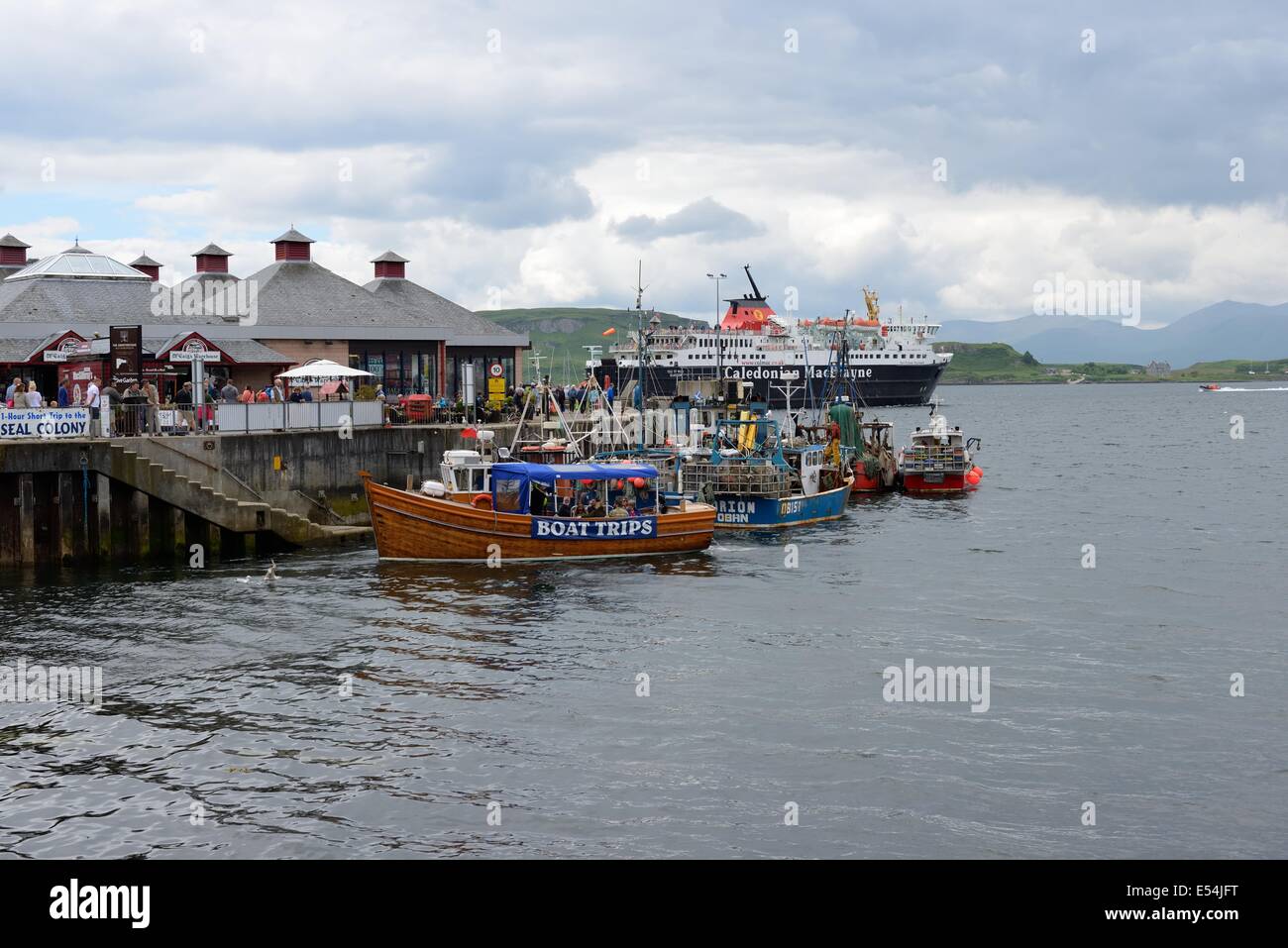 Ein Blick auf Oban in Schottlands beschäftigt Pier mit der Calmac-Fähre verlassen im Hintergrund. Stockfoto