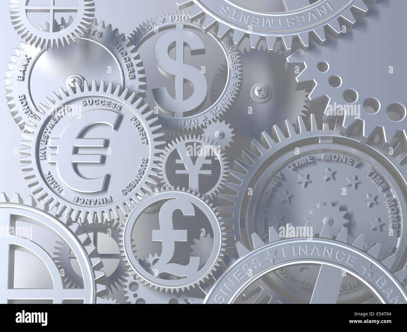 Fantasie Silber Uhrwerk mit Währungszeichen. Pfund, Dollar, Euro Ausrüstung und yena Stockfoto