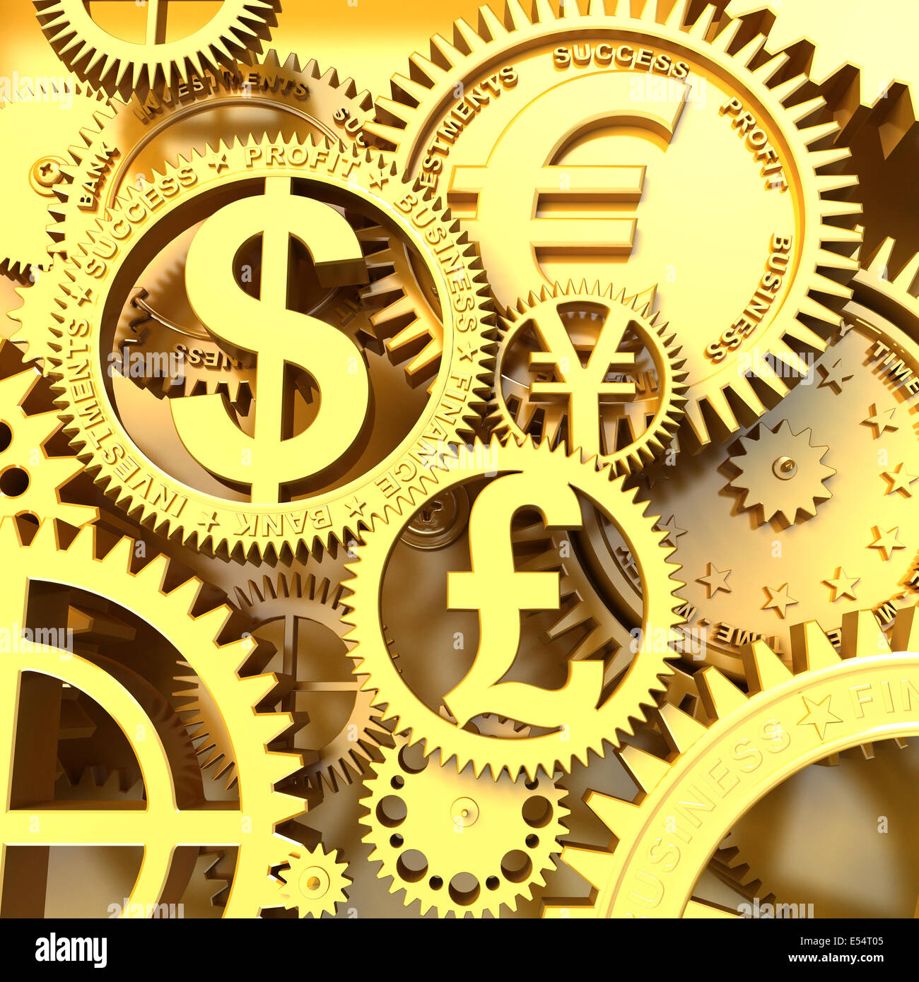 Fantasy goldene Uhrwerk mit Währungszeichen. Pfund, Dollar, Euro Ausrüstung und yena Stockfoto