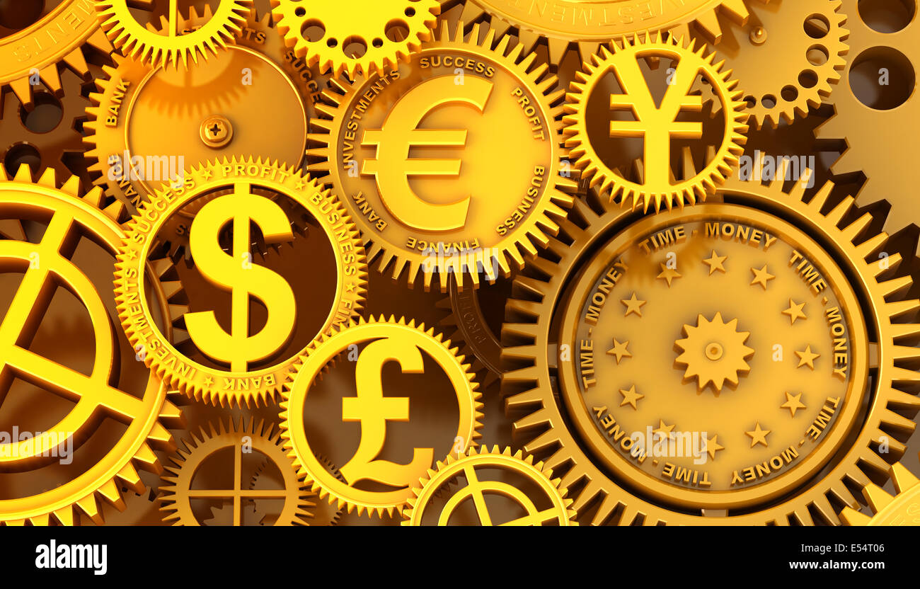 Fantasy goldene Uhrwerk mit Währungszeichen. Pfund, Dollar, Euro Ausrüstung und yena Stockfoto