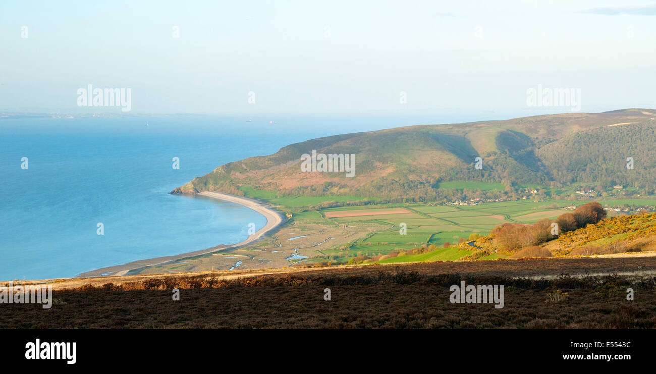 Porlock Bucht mit Hurlstone Punkt & Bossington Hügel von Porlock Hügel betrachtet Stockfoto