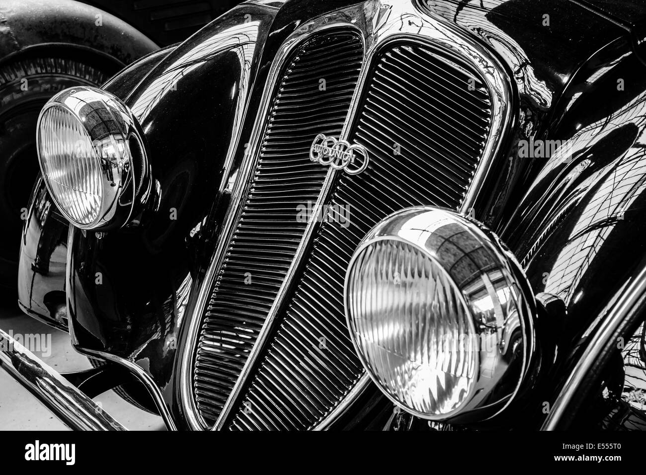 Detail der Oldtimer DKW Schwebeklasse. Schwarz und weiß. 27. Oldtimer-Tage Berlin - Brandenburg Stockfoto