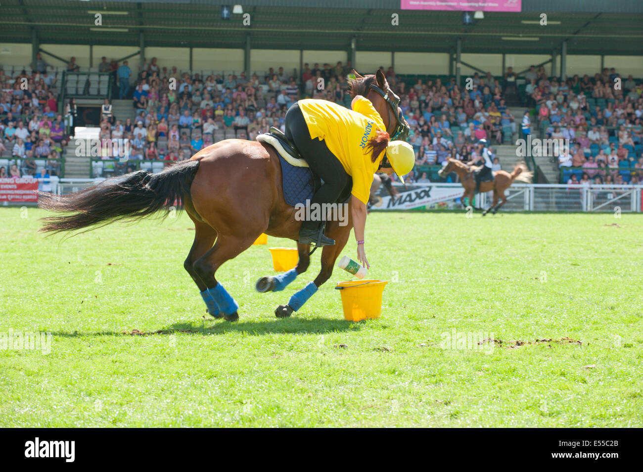 Llanelwedd, UK. 21. Juli 2014. Die Royal Welsh Mounted Games findet in der Main-Ring statt. Eine Rekordzahl von mehr als 240.000 Besucher dürften diese Woche vier Tage lang von Europas größten Agrarmesse. Vieh-Klassen und Sonderpreise haben angezogen, 8.000 plus Einträge, 670 mehr als im Vorjahr. Das erste Royal Welsh Show war bei Aberystwyth in 1904 und angezogen 442 Vieh Einträge. Bildnachweis: Graham M. Lawrence/Alamy Live-Nachrichten. Stockfoto