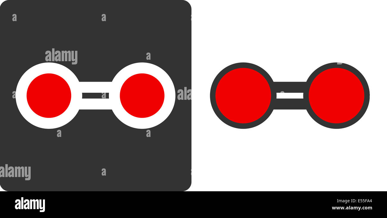 Elementarer Sauerstoff (O2), flache Symbol Stil. Atome als farbcodierte Kreise (Sauerstoff - rot) angezeigt. Stockfoto