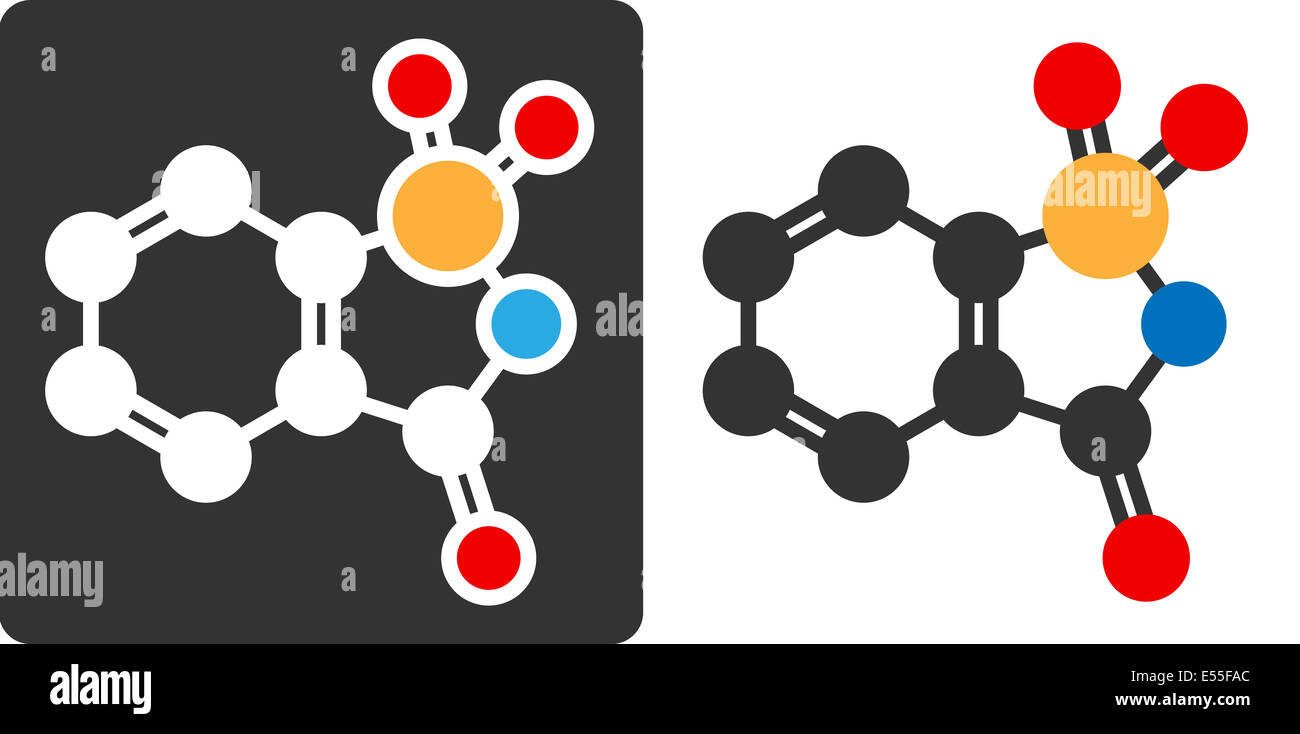 Saccharin Süßstoff Molekül, flache Symbol Stil. Atome als farbcodierte Kreise (Sauerstoff - rot, Stickstoff - blau, Auto Stockfoto