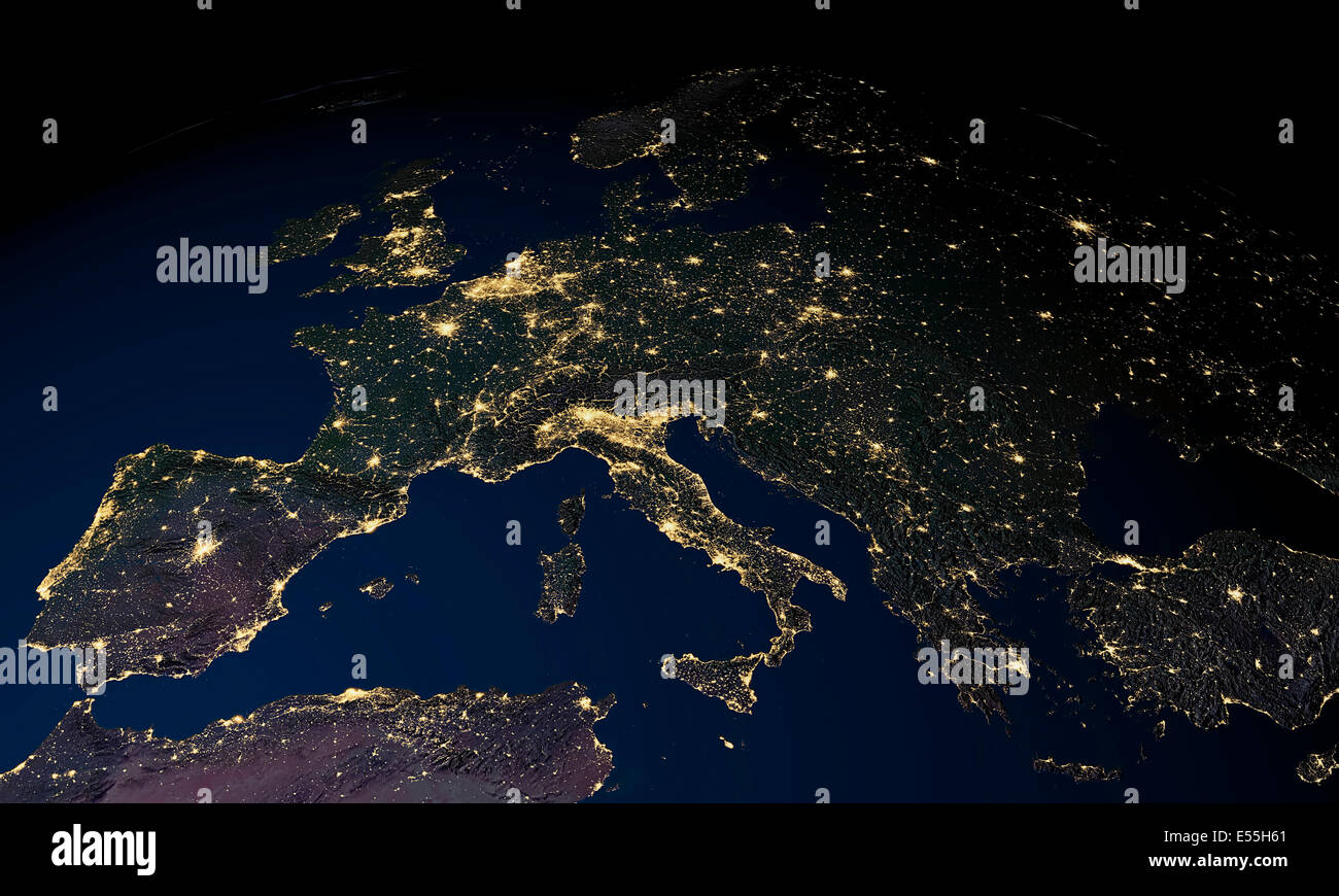 Erde bei Nacht über Europa Stockfoto
