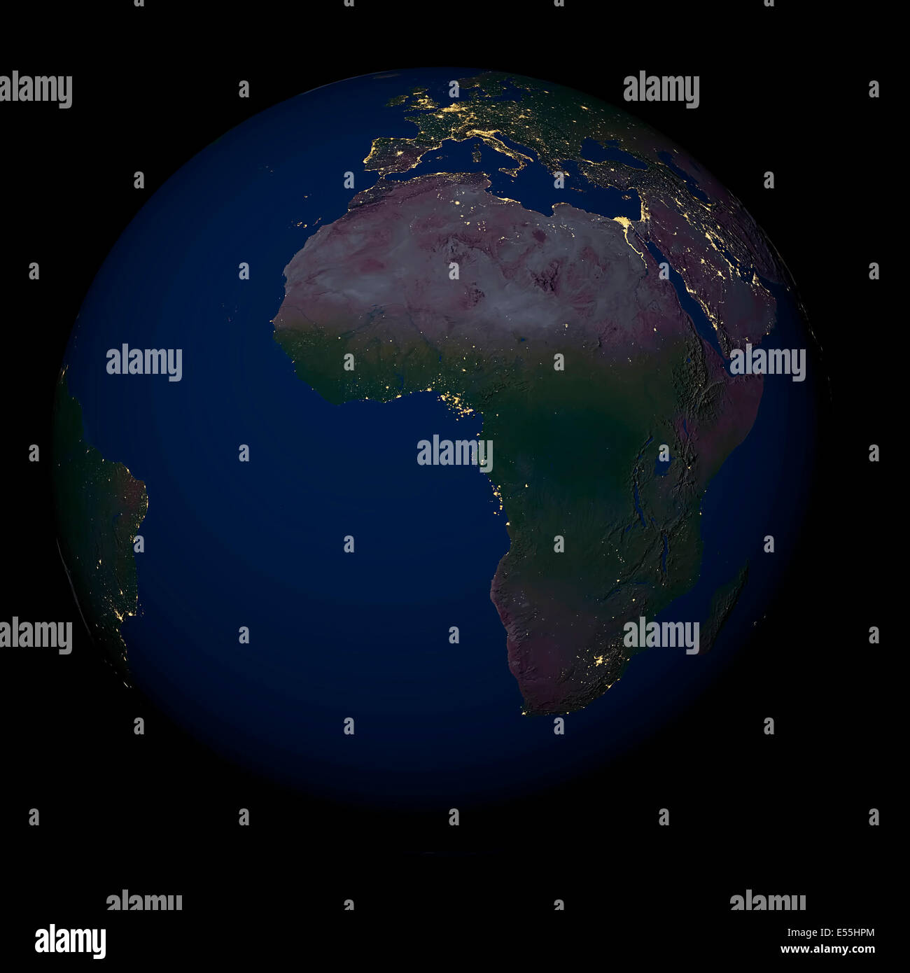 Erde bei Nacht über Afrika Stockfoto