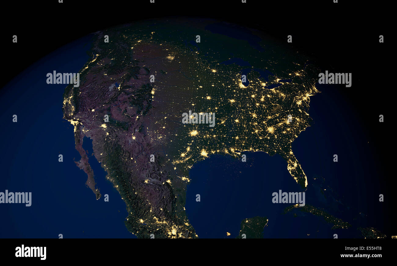Erde bei Nacht über USA Stockfoto