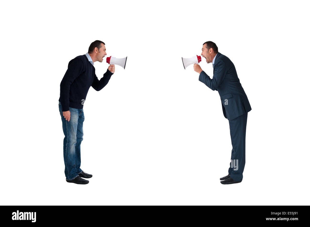 Business Konzept Männer schreiend mit Megaphonen isoliert auf weißem Hintergrund Stockfoto