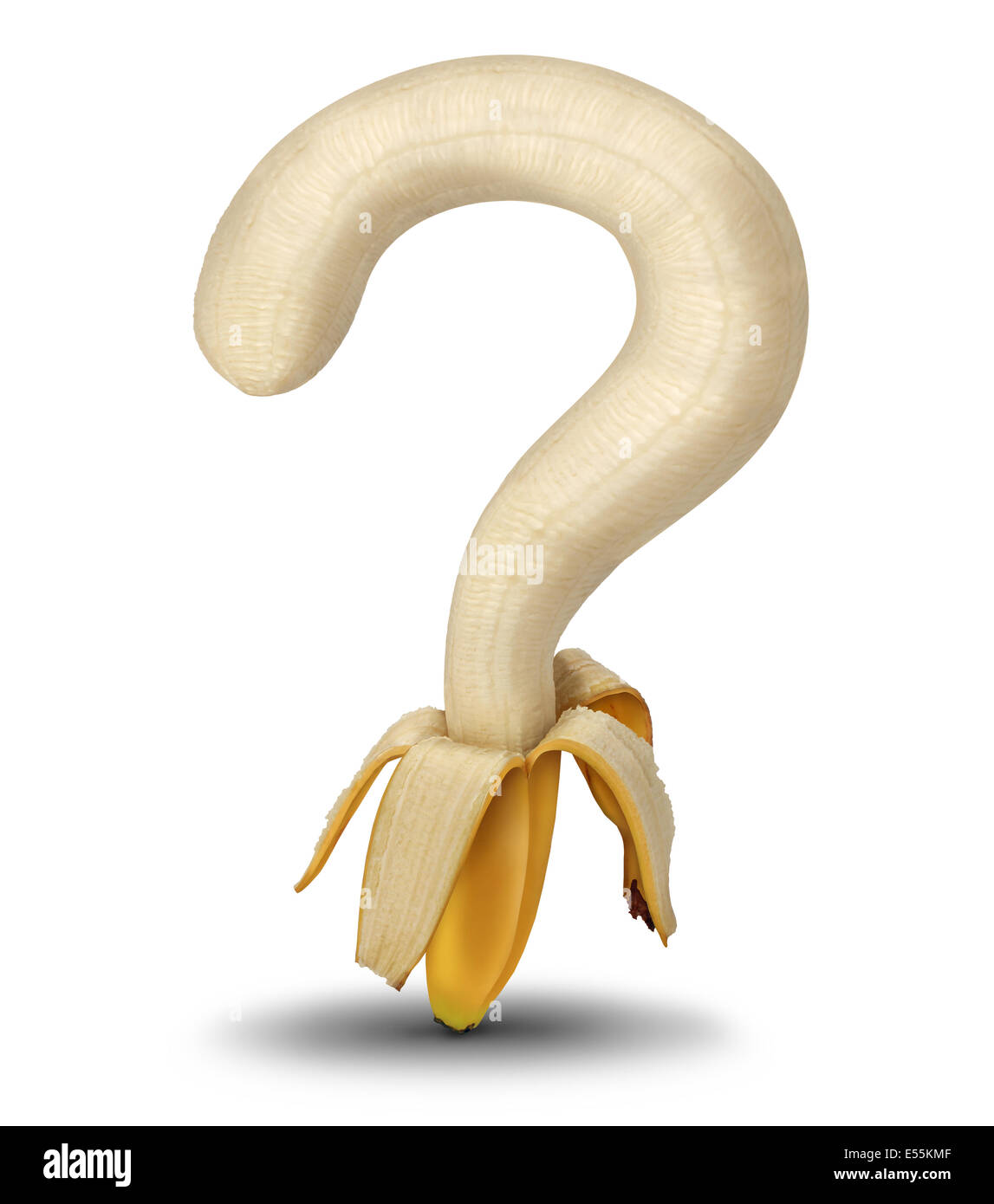 Fragen der Ernährung und gesundes Essen Optionen im Supermarkt oder Markt mit Aan öffnen geschälte Banane geformt wie ein Fragezeichen als Symbol für Ernährung Beratung und Essgewohnheiten auf weißem Hintergrund. Stockfoto