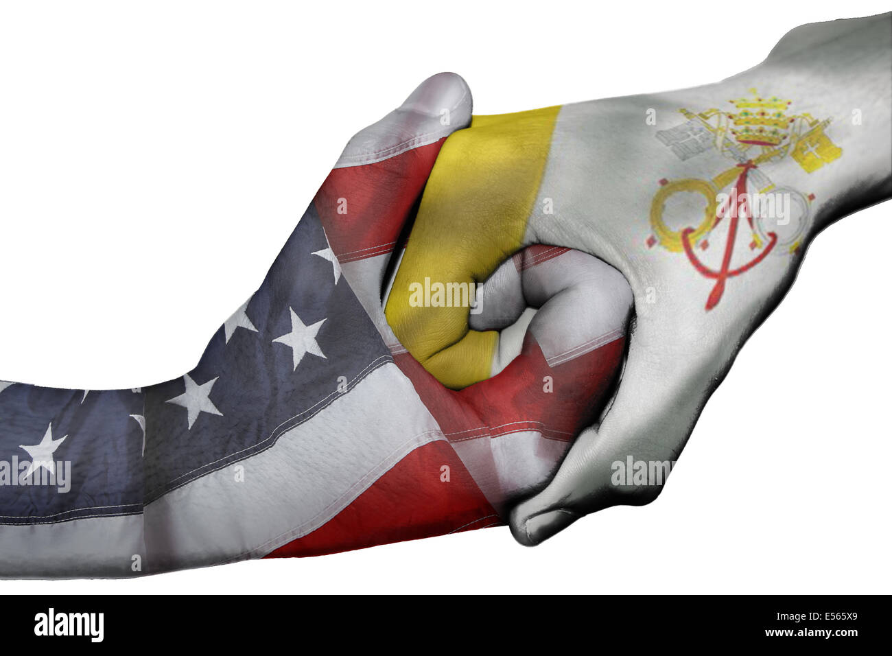 Diplomatischen Handshake zwischen den Ländern: Flaggen der USA und Vatikanstadt überdruckte die beiden Hände Stockfoto