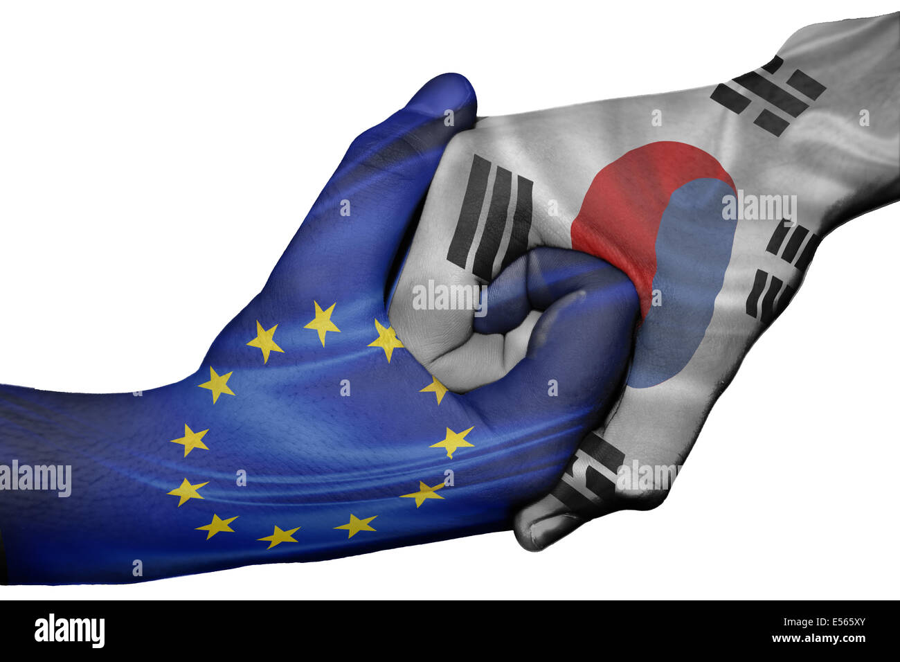 Diplomatischen Handshake zwischen den Ländern: Flaggen der Europäischen Union und Südkorea überdruckte die beiden Hände Stockfoto