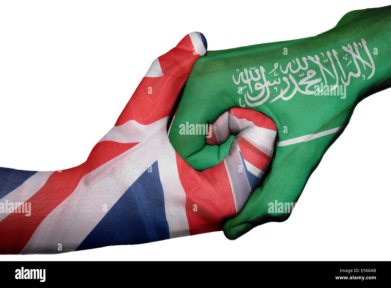 Diplomatischen Handshake zwischen den Ländern: Flaggen des Vereinigten Königreichs und Saudi Arabien überdruckte die beiden Hände Stockfoto