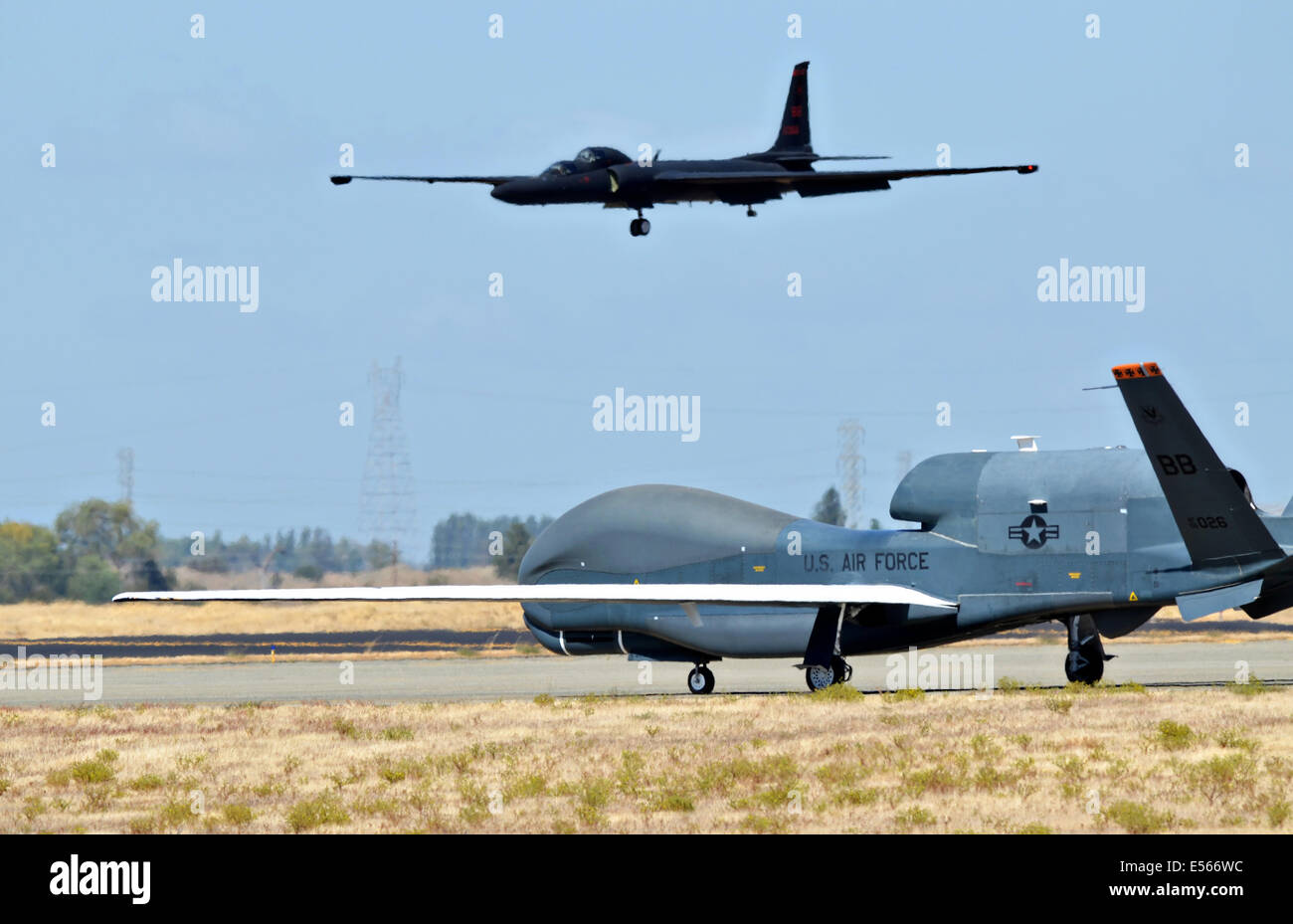 Eine RQ-4 Global Hawk rollt auf dem Flug Linie wie ein Spionageflugzeug u-2 Dragon Lady macht den Endanflug auf der Beale Air Force Base 17. September 2013 in Maryville, Kalifornien zu landen. Die RQ-4 und u-2 sind die Air Force primäre Hochgebirgs Intelligenz, Überwachung und Aufklärung Flugzeuge. Stockfoto
