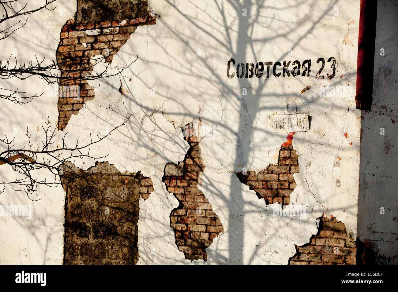 Verwitterte Wand ausgesetzt Ziegel russischen Baum Schatten Stockfoto