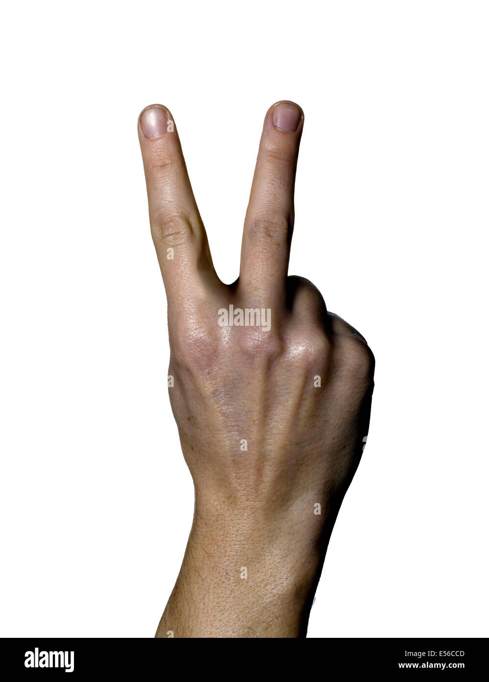 Fingern einer Hand bilden eine V für Sieg Stockfoto