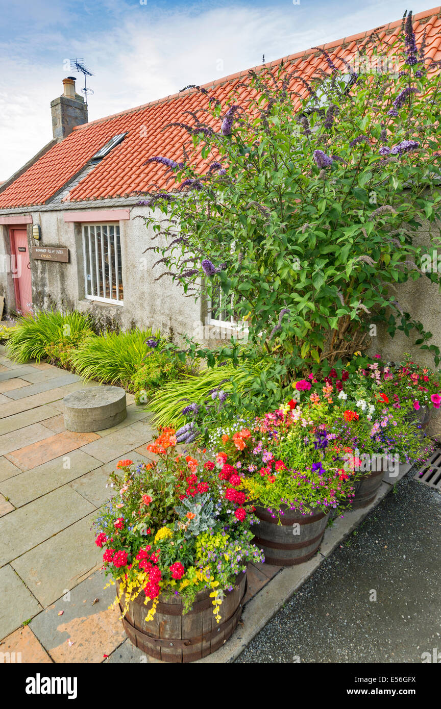 FORDYCE DORF DER TISCHLER-WERKSTATT MIT BLUME-WANNEN-ABERDEENSHIRE-SCHOTTLAND Stockfoto