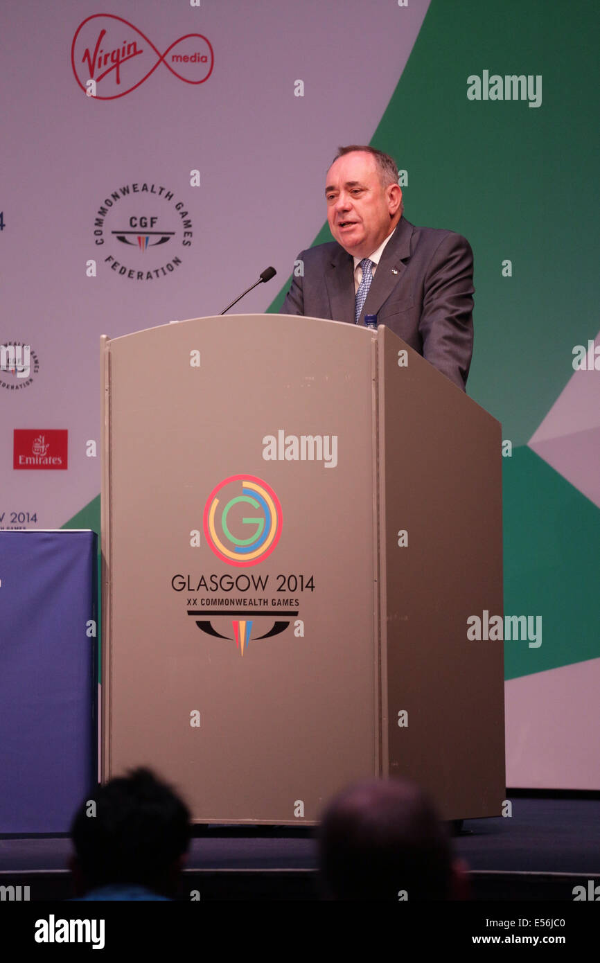 SECC Main Press Center, Glasgow, Schottland, Großbritannien, Dienstag, Juli 2014. Alex Salmond, Schottlands erster Minister, bei der Pressekonferenz zur offiziellen Begrüßung von Glasgow 2014 Commonwealth Games Accredited Media in Glasgow Stockfoto