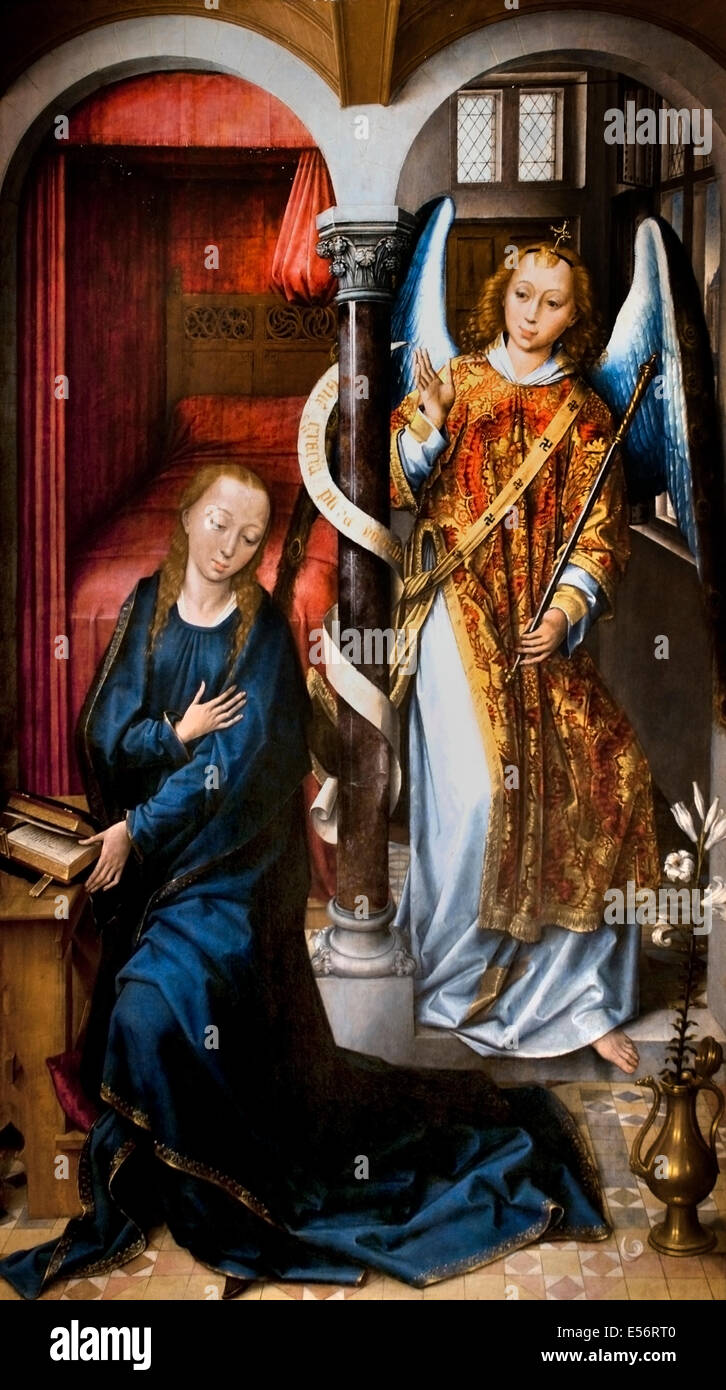 Die Verkündigung von Vrancke van der Stockt 1420-1495 Flämisch Belgien Jungfrau Maria, Engel Gabriel, schwanger, gebären einen Sohn, Geburt, Mutter Jesu Christi, des christlichen Messias und Sohnes Gottes, Stockfoto