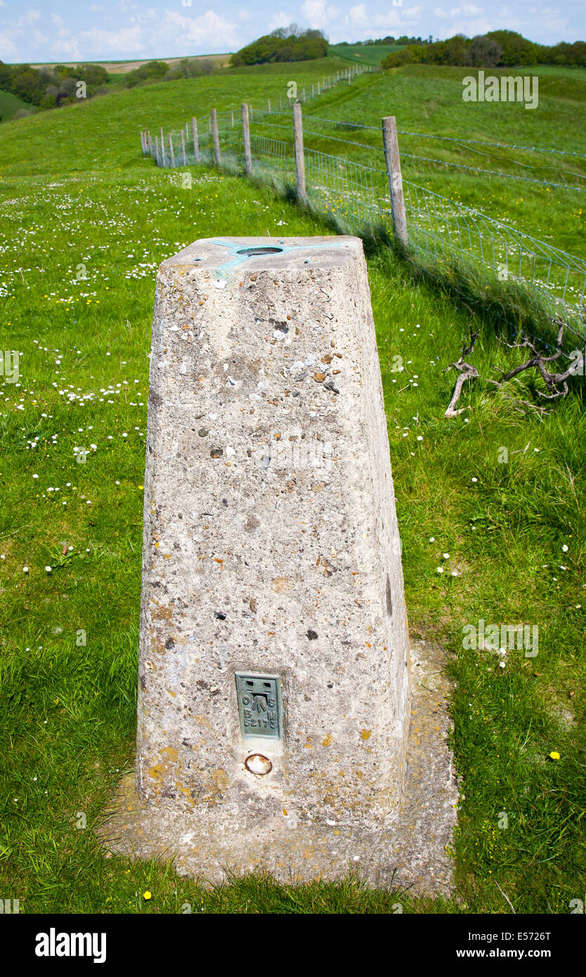 Konkrete Triangulation Säule auf Kreide Hügel Rübezahls Grab, in der Nähe von Oare, Wiltshire, England Stockfoto