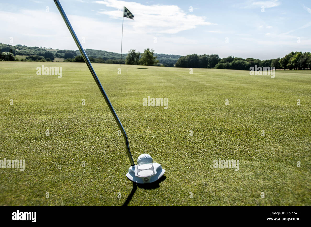 Golfer, einen weiße Golfball auf dem Grün in Richtung eine schwarz-weiß karierte Flagge putt Stockfoto