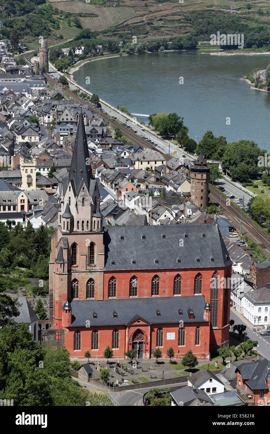 Blick auf Oberwesel mit Frauenkirche, Unesco Welt Kulturerbe Oberes Mittelrheintal, Mittelrhein, Oberwesel Stockfoto
