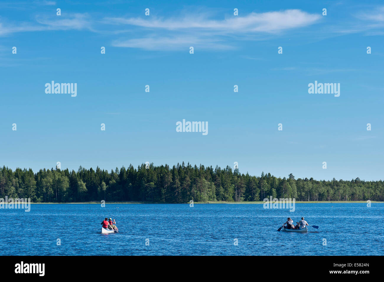 Zwei Kanus mit Kanuten auf See Asnen, Smaland, Schweden Stockfoto