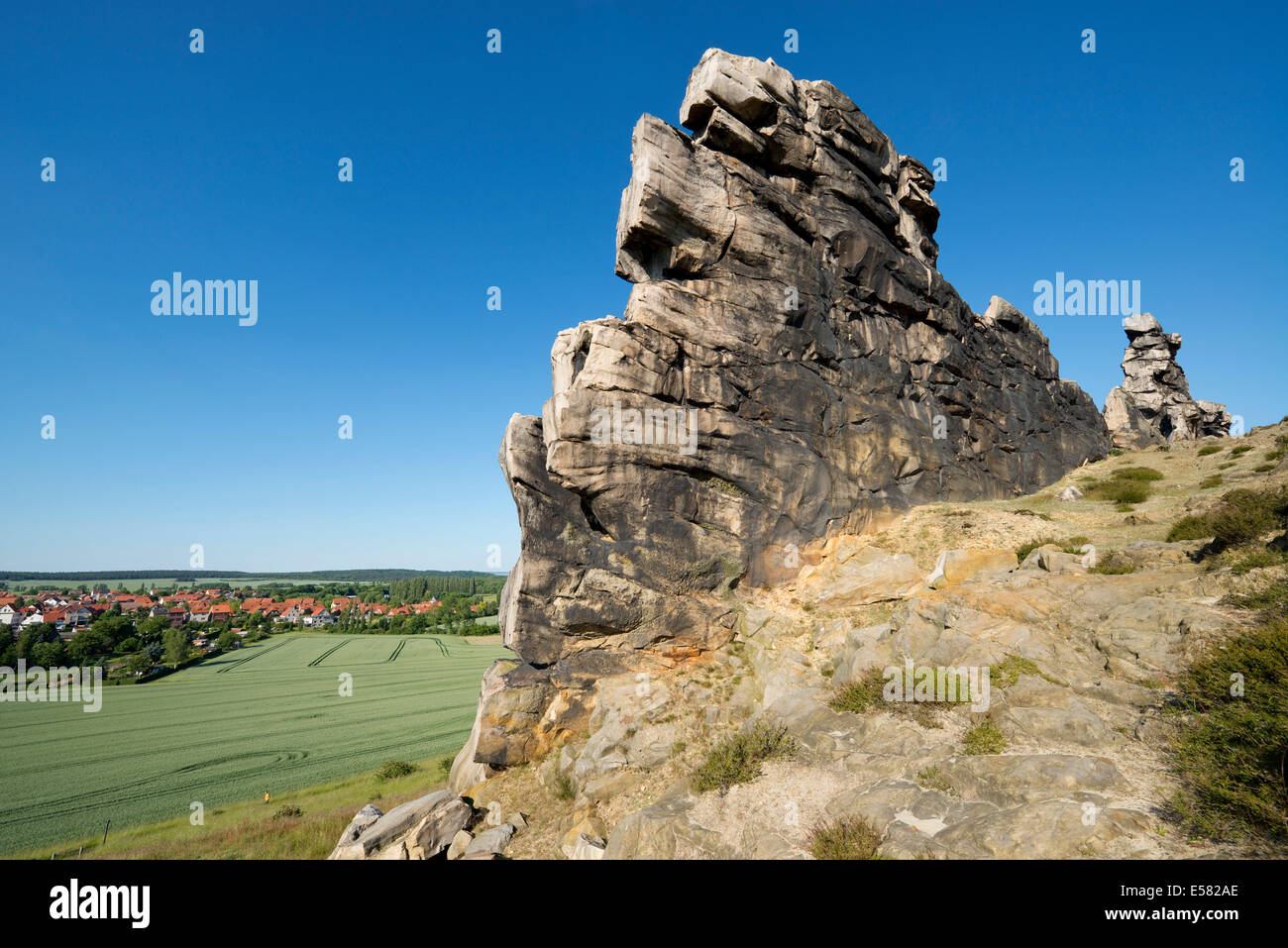Felsformationen, Teufelsmauer Naturreservat in der Nähe von Weddersleben, Harz, Sachsen-Anhalt, Deutschland Stockfoto