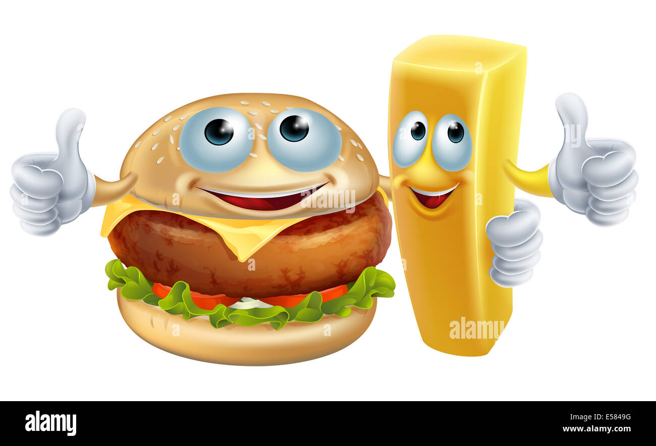 Zur Veranschaulichung der Burger und Pommes frites Essen Charakter Maskottchen Arm in Arm geben einen Daumen nach oben Stockfoto