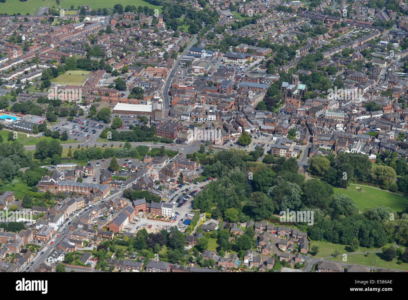 Eine Luftaufnahme zeigt das Stadtzentrum von Nantwich Cheshire, UK Stockfoto