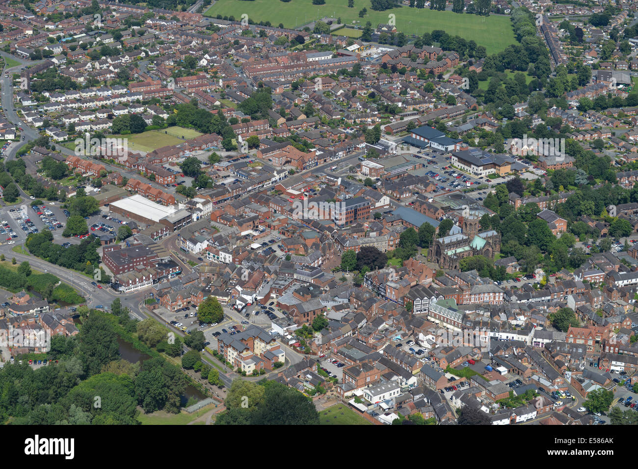 Eine Luftaufnahme zeigt das Stadtzentrum von Nantwich Cheshire, UK Stockfoto