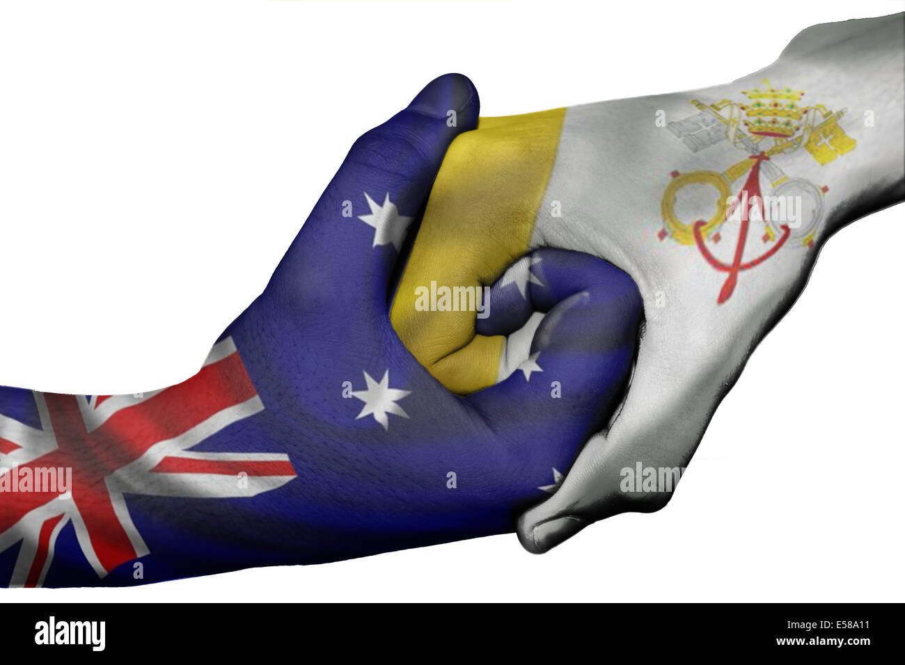 Diplomatischen Handshake zwischen den Ländern: Flaggen von Australien und Vatikanstadt überdruckte die beiden Hände Stockfoto