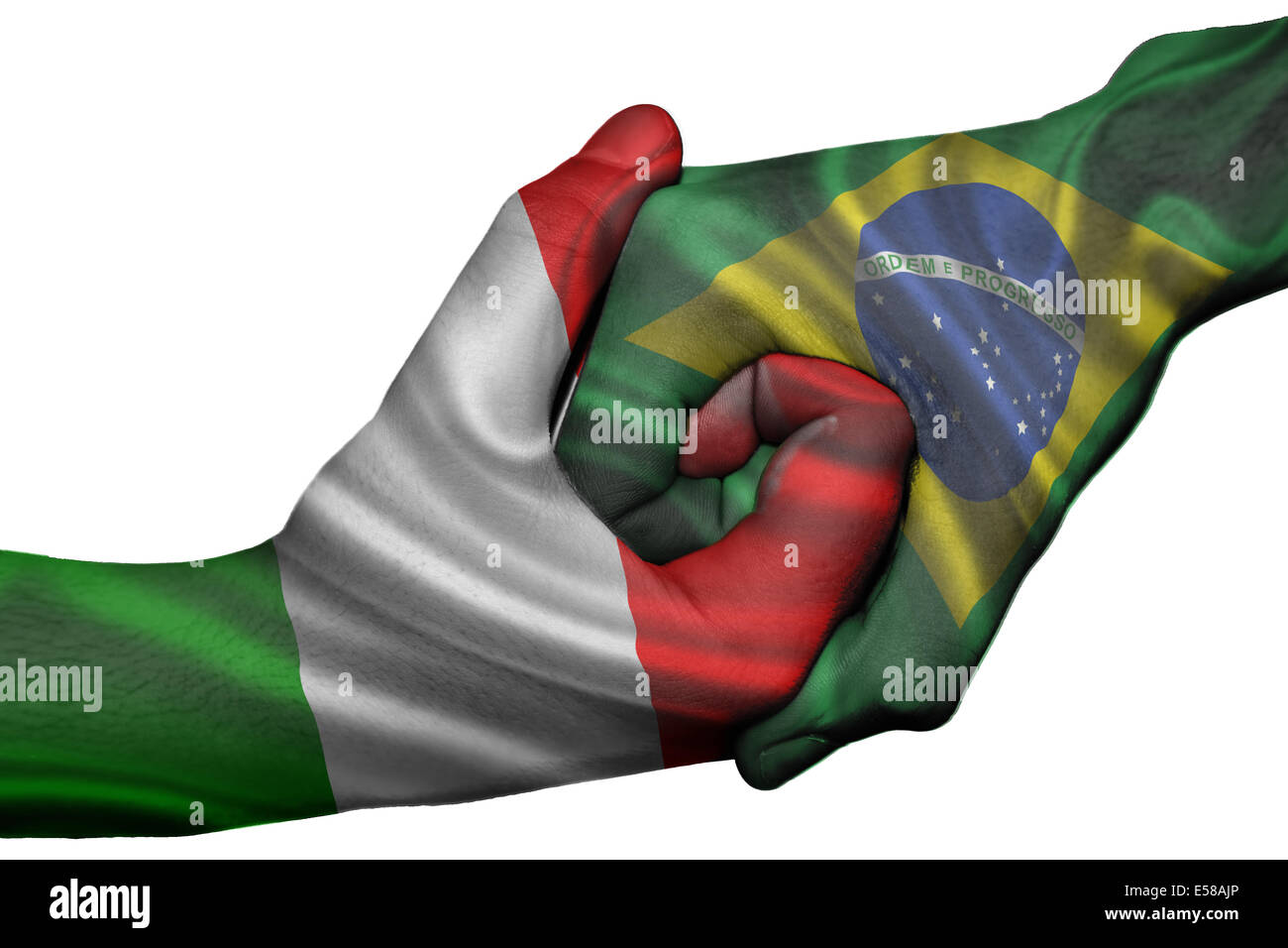 Diplomatischen Handshake zwischen den Ländern: Flagge von Italien und Brasilien überdruckte die beiden Hände Stockfoto