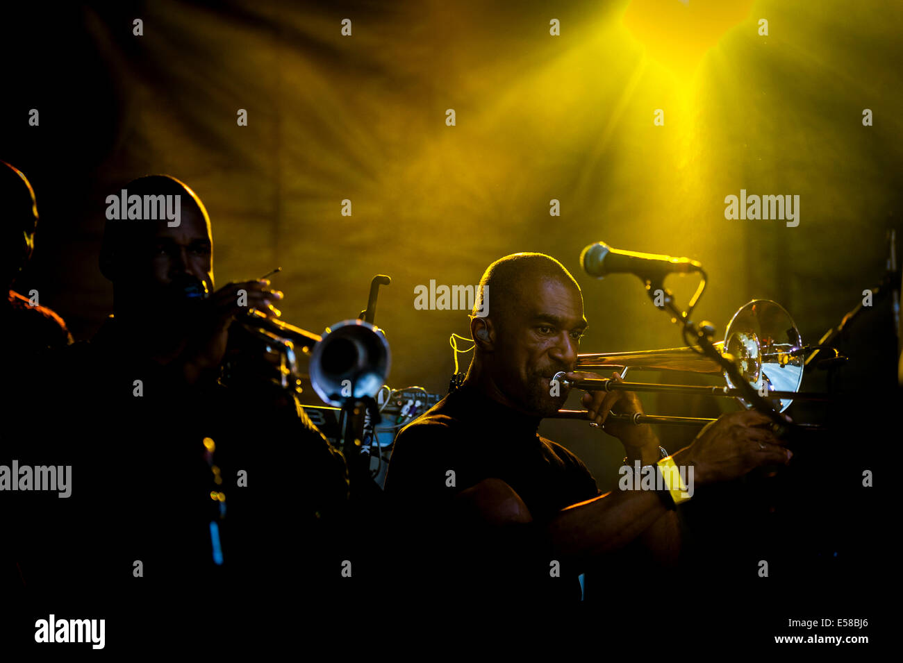 Musiker Sicherung von UB40 durchführen am Brentwood Festival. Stockfoto