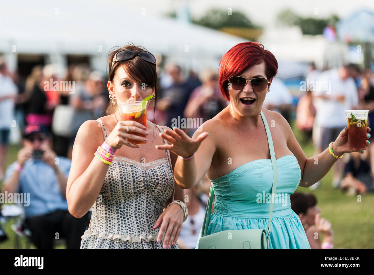 Zwei BesucherInnen amüsieren sich auf dem Festival in Brentwood. Stockfoto