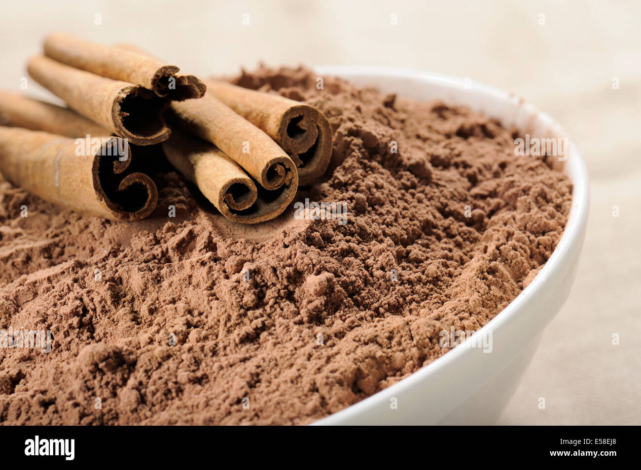 Kakaopulver in Tasse mit Zimt Stockfoto