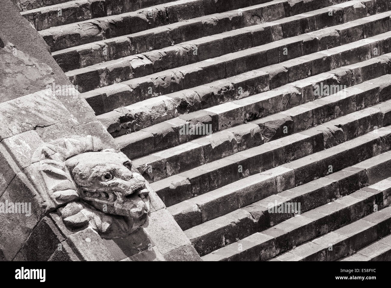 Monochromes Bild der Kopf einer Schlange und Stufen am Tempel des Quetzalcoatl, Teotihuacan, Mexiko. Stockfoto
