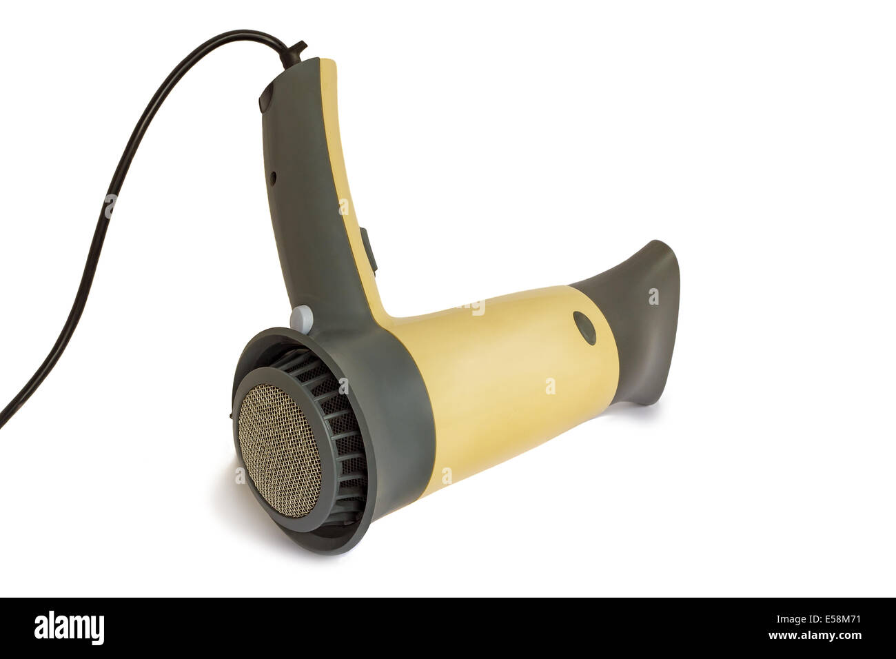Die komfortable elektrische Fön zum Trocknen der Haare. Es wird auf weißem Hintergrund dargestellt. Stockfoto