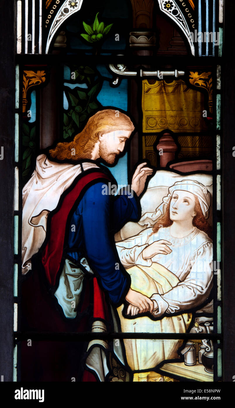 Jesus Heilung Glasmalerei, All Saints Church, West Haddon, Northamptonshire, England, UK Stockfoto