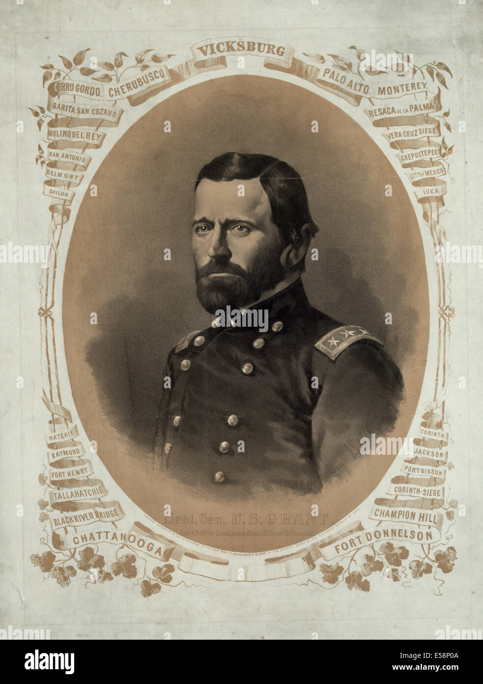 Leutnant General US Grant, Zusammenfassung: Kopf-Schulter-Porträt, nach rechts, in Oval mit Namen der Schlachtfelder, die Umgebung, ca. 1864 Stockfoto