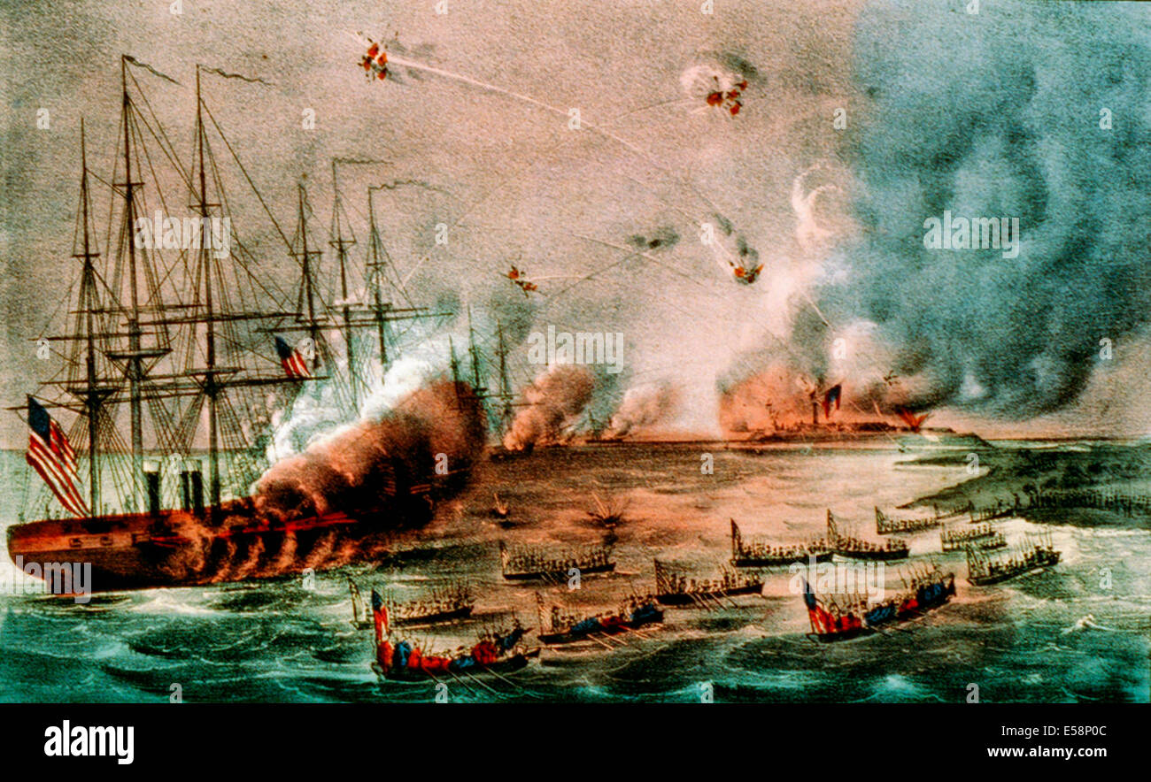 Bombardement & Einnahme der Festungen am Hatteras Inlet, N.C.: durch die US-Flotte unter Commodore Stringham und die Truppen unter General Butler. 27. August 1861 Stockfoto