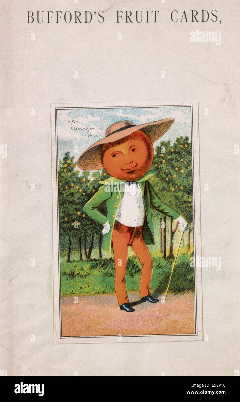 Bufford der Frucht Karten, Orange - ein Mann mit einer Orange für den Kopf, Vorderseite, trägt einen Hut und hält einen Spazierstock mit Orangenbäumen im Hintergrund, ca. 1887 Stockfoto