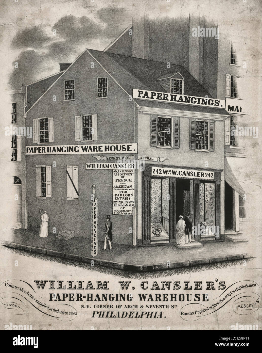William W. Cansler Papier-hängenden Lager N.E. Ecke des Arch & siebten Straßen, Philadelphia, Pennsylvania, ca. 1845 Stockfoto