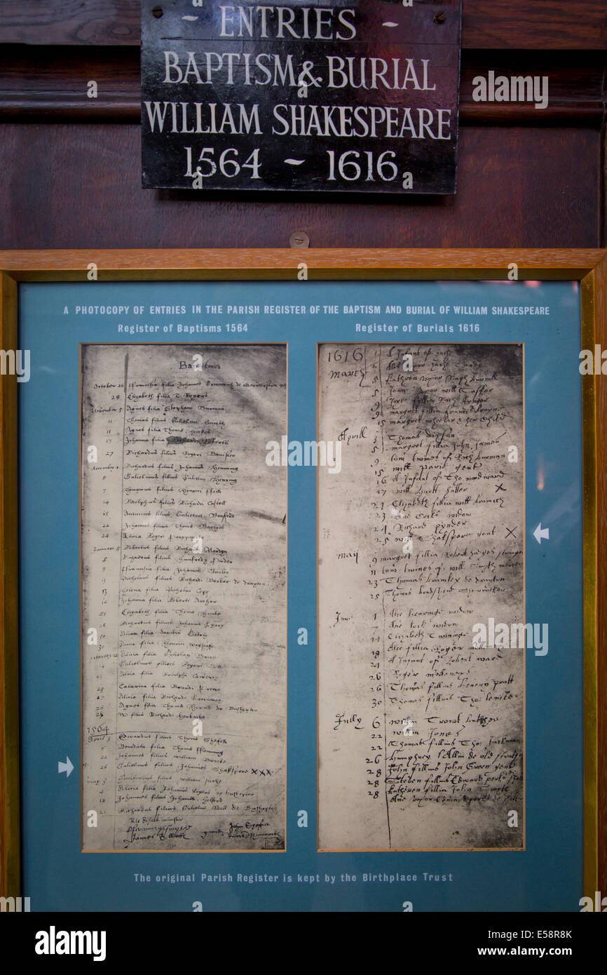 William Shakespeare Taufe und Bestattung Datensätze zur Kirche der Hl. Dreifaltigkeit, Stratford Upon Avon, Warwickshire, England Stockfoto