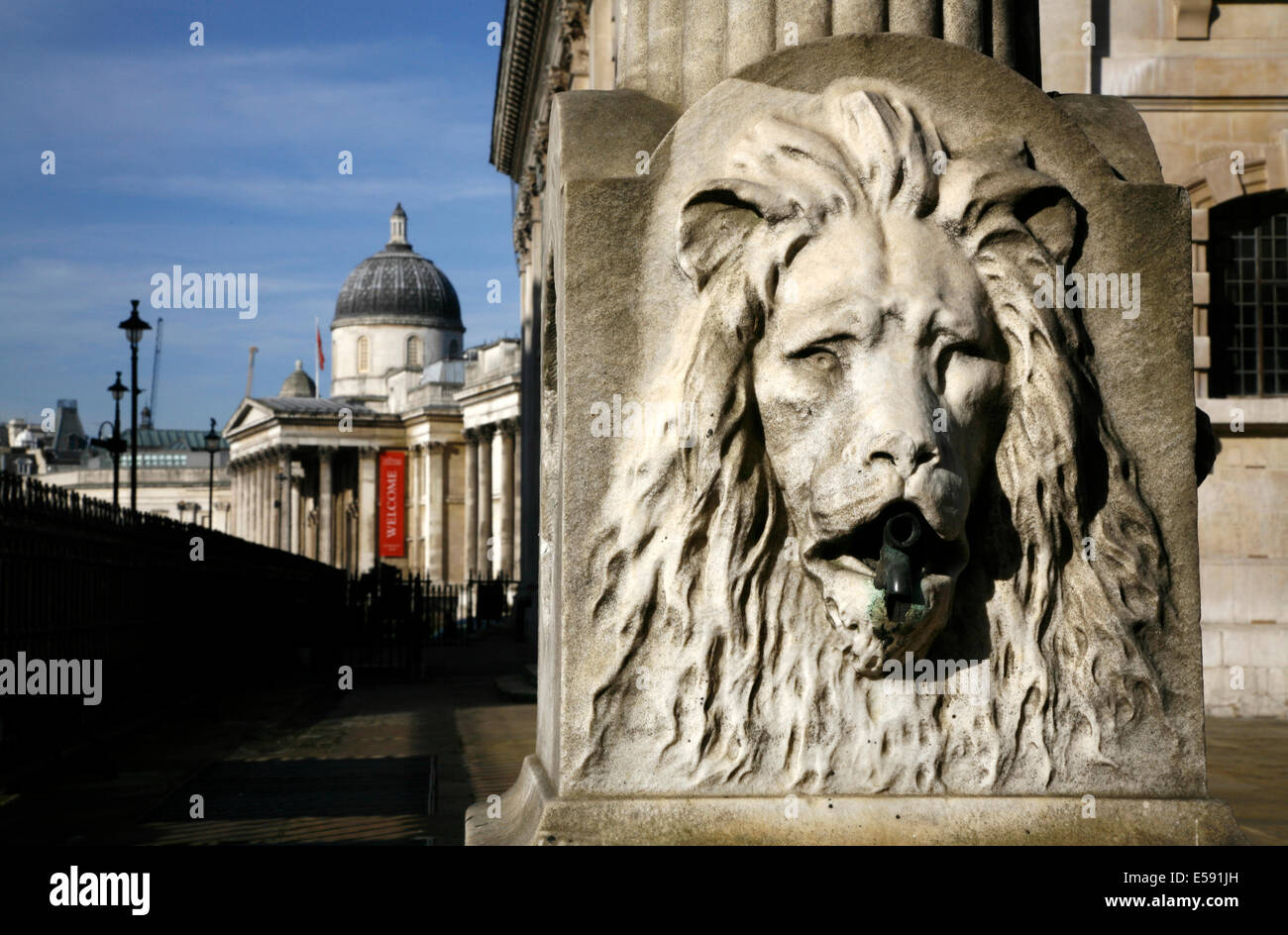 Löwen Kopf Trinkbrunnen vor St Martin in den Bereichen Kirche und der National Gallery, London, UK Stockfoto