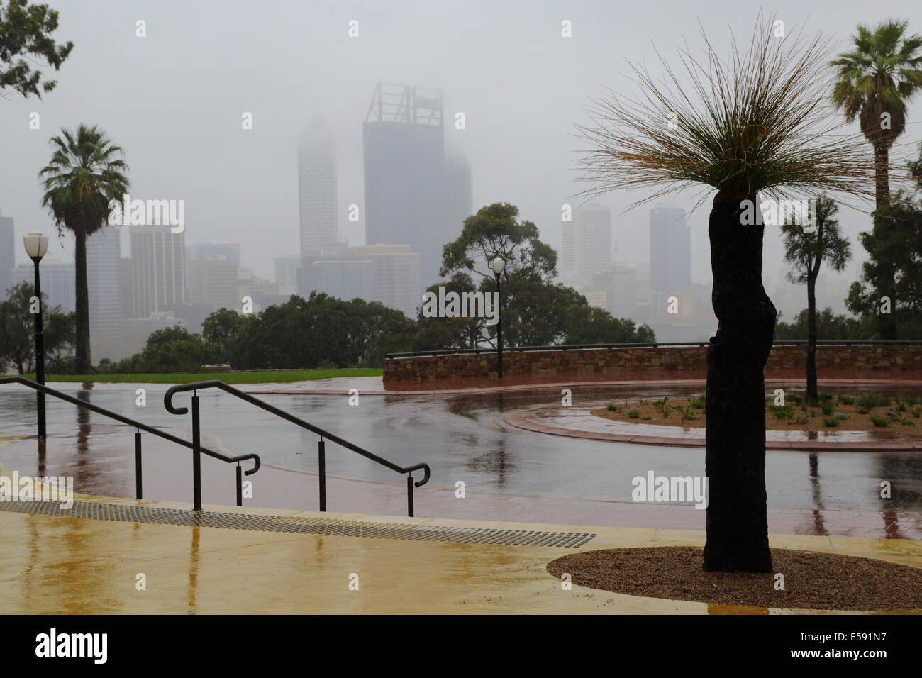 Kings Park mit Blick auf Perth City an einem nassen Wintertag, Western Australia. Stockfoto