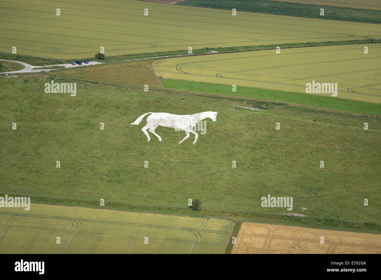 Eine Luftaufnahme von Devizes Millennium White Horse in Wiltshire UK. Stockfoto